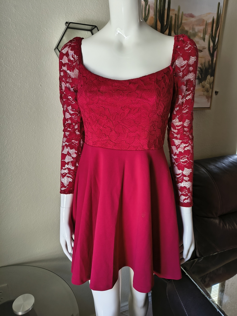 Women’s Red Lace Long-Sleeve Fit & Flare Dress